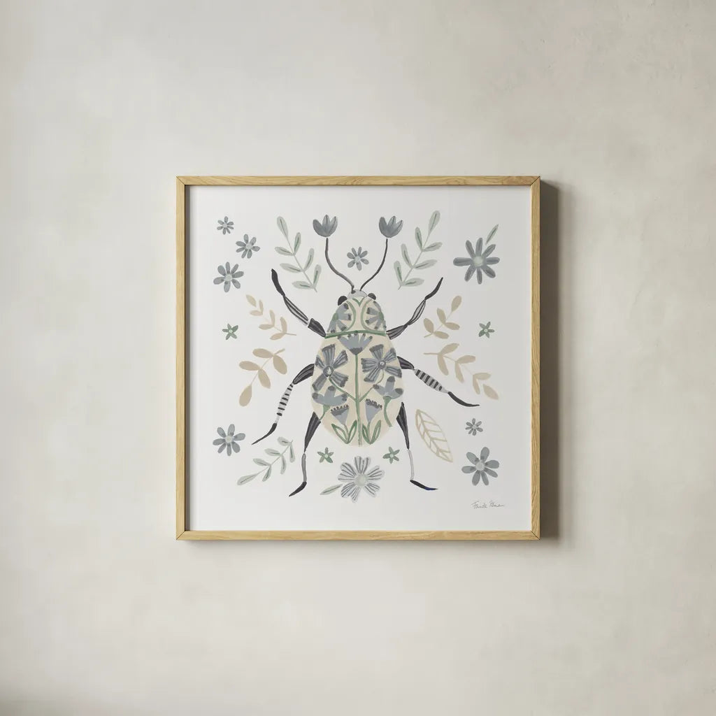 Folk Beetle II Neutral by Farida Zaman. Shown in a natural wood glass frame for a timeless modern aesthetic. Available as an archival giclee rolled canvas, fine art paper, or poster print. SKU 79490a.