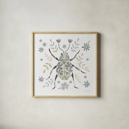 Folk Beetle II Neutral by Farida Zaman. Shown in a natural wood glass frame for a timeless modern aesthetic. Available as an archival giclee rolled canvas, fine art paper, or poster print. SKU 79490a.