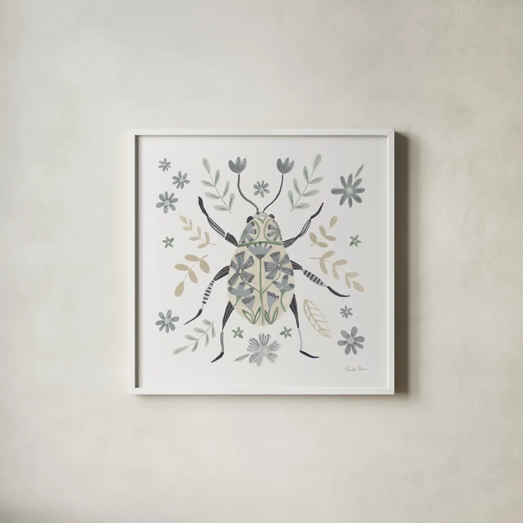 Folk Beetle II Neutral by Farida Zaman. Shown in a crisp white glass frame for a clean and minimalist style. Available as an archival giclee rolled canvas, fine art paper, or poster print. SKU 79490a.