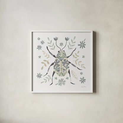 Folk Beetle II Neutral by Farida Zaman. Shown in a crisp white glass frame for a clean and minimalist style. Available as an archival giclee rolled canvas, fine art paper, or poster print. SKU 79490a.