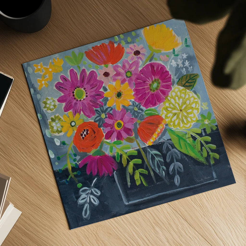 Folk Floral I by Farida Zaman. Shown as a detailed flat fine art print, highlighting archival giclee quality. Available as an archival giclee rolled canvas, fine art paper, or poster print. SKU 38696a.