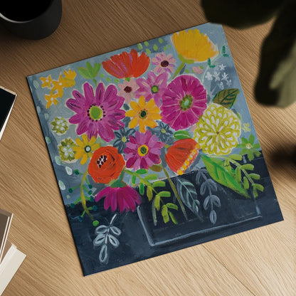 Folk Floral I by Farida Zaman. Shown as a detailed flat fine art print, highlighting archival giclee quality. Available as an archival giclee rolled canvas, fine art paper, or poster print. SKU 38696a.