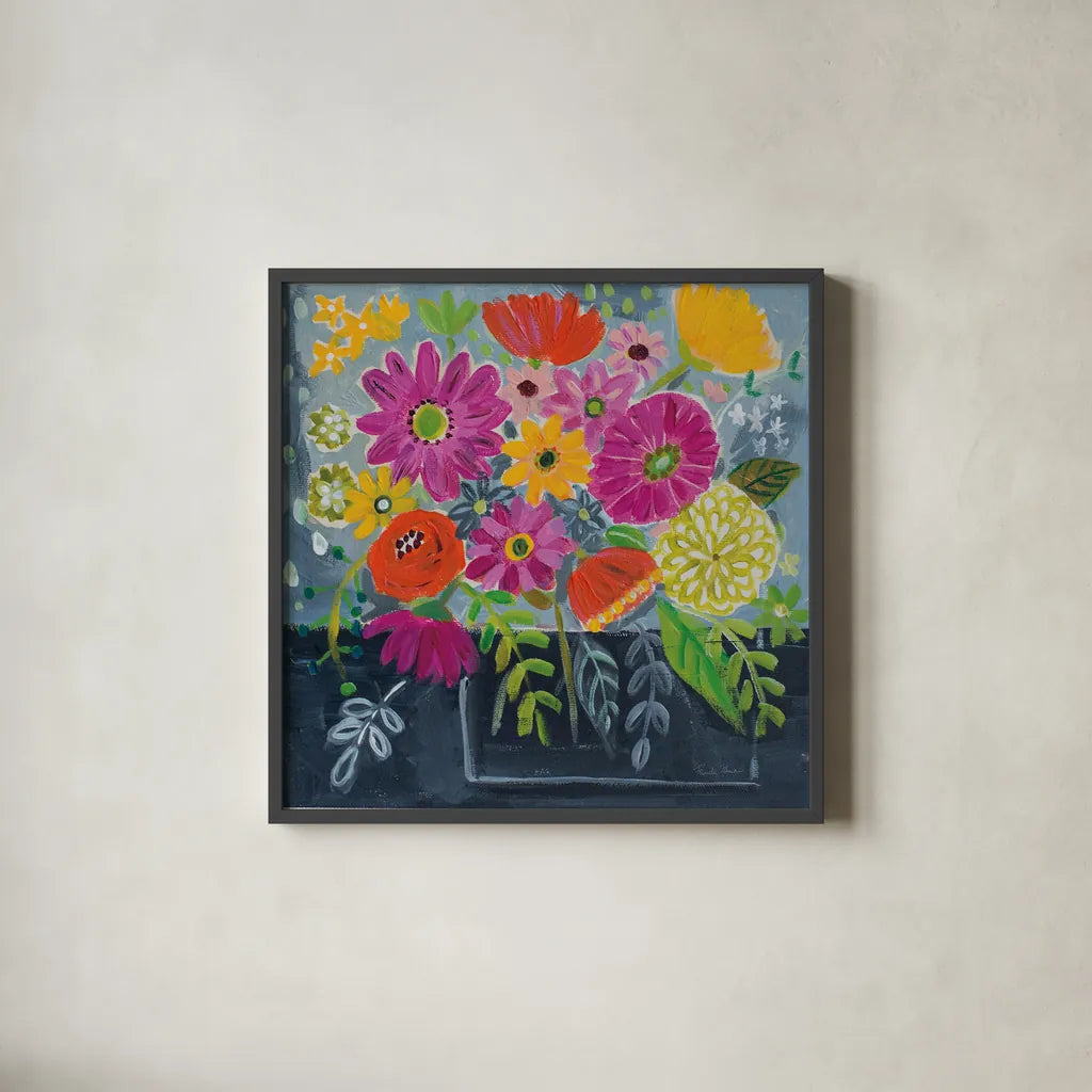 Folk Floral I by Farida Zaman. Shown in a sleek black glass frame for a contemporary gallery look. Available as an archival giclee rolled canvas, fine art paper, or poster print. SKU 38696a.