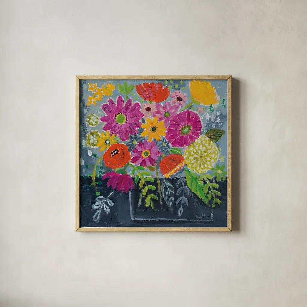 Folk Floral I by Farida Zaman. Shown in a natural wood glass frame for a timeless modern aesthetic. Available as an archival giclee rolled canvas, fine art paper, or poster print. SKU 38696a.