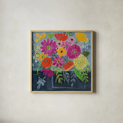 Folk Floral I by Farida Zaman. Shown in a natural wood glass frame for a timeless modern aesthetic. Available as an archival giclee rolled canvas, fine art paper, or poster print. SKU 38696a.