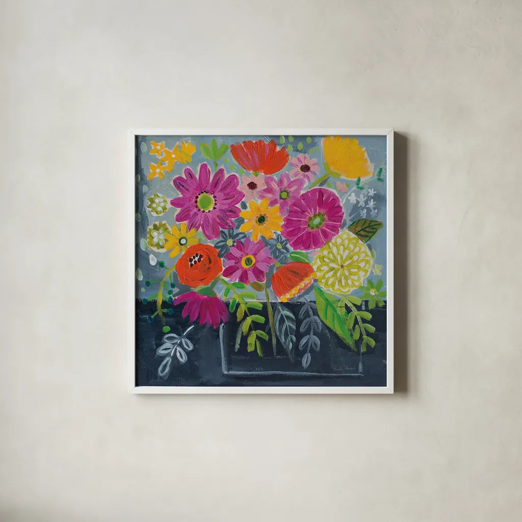 Folk Floral I by Farida Zaman. Shown in a crisp white glass frame for a clean and minimalist style. Available as an archival giclee rolled canvas, fine art paper, or poster print. SKU 38696a.