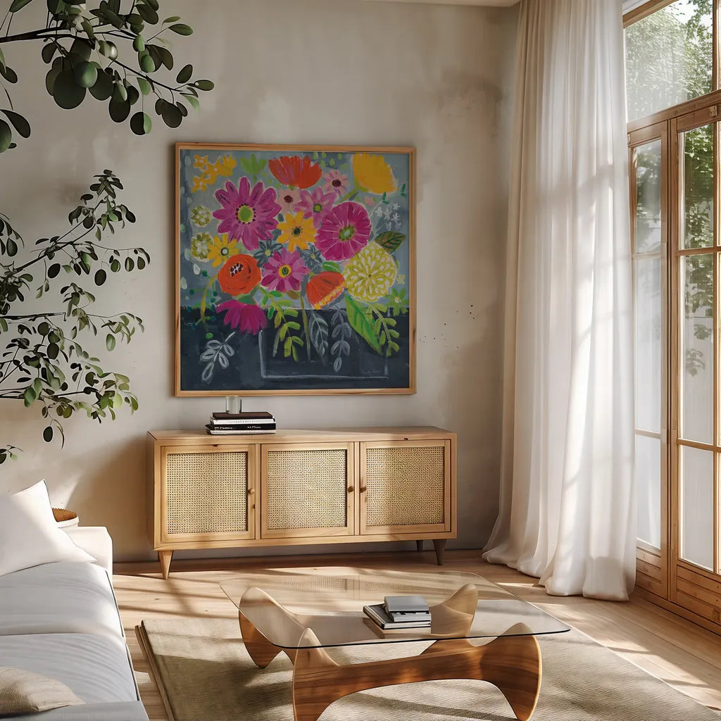 Folk Floral I by Farida Zaman. Shown in a natural wood frame in a cozy modern living room. Available as an archival giclee rolled canvas, fine art paper, or poster print. SKU 38696a.