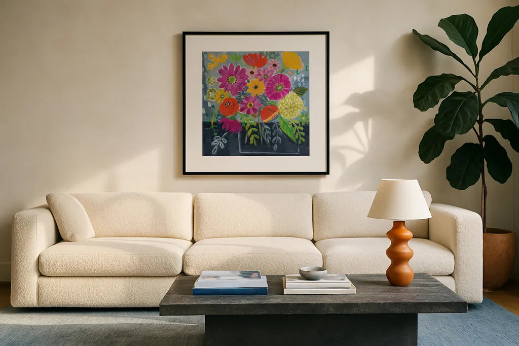 Folk Floral I by Farida Zaman. Displayed in a glass frame with matte in a clean modern living room. Available as an archival giclee rolled canvas, fine art paper, or poster print. SKU 38696a.