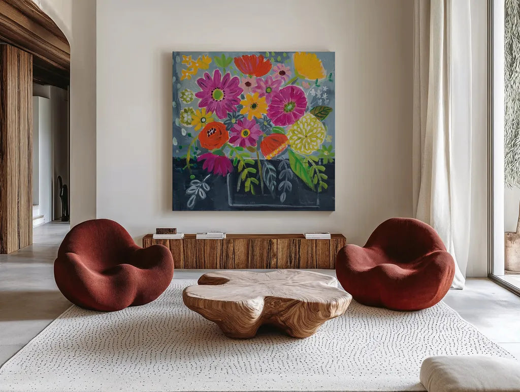 Folk Floral I by Farida Zaman. Shown as extra-large giant wall art in a modern living room. Available as an archival giclee rolled canvas, fine art paper, or poster print. SKU 38696a.