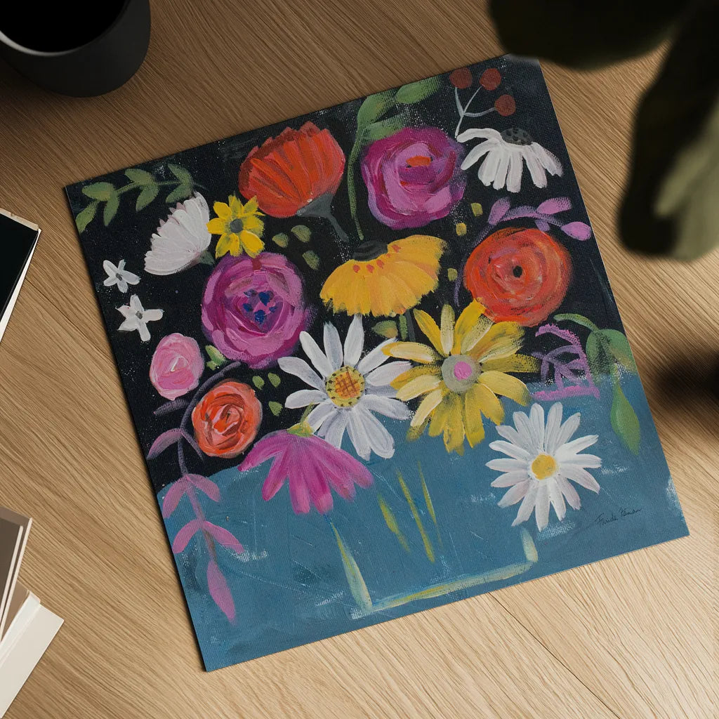 Folk Floral II by Farida Zaman. Shown as a detailed flat fine art print, highlighting archival giclee quality. Available as an archival giclee rolled canvas, fine art paper, or poster print. SKU 38697a.