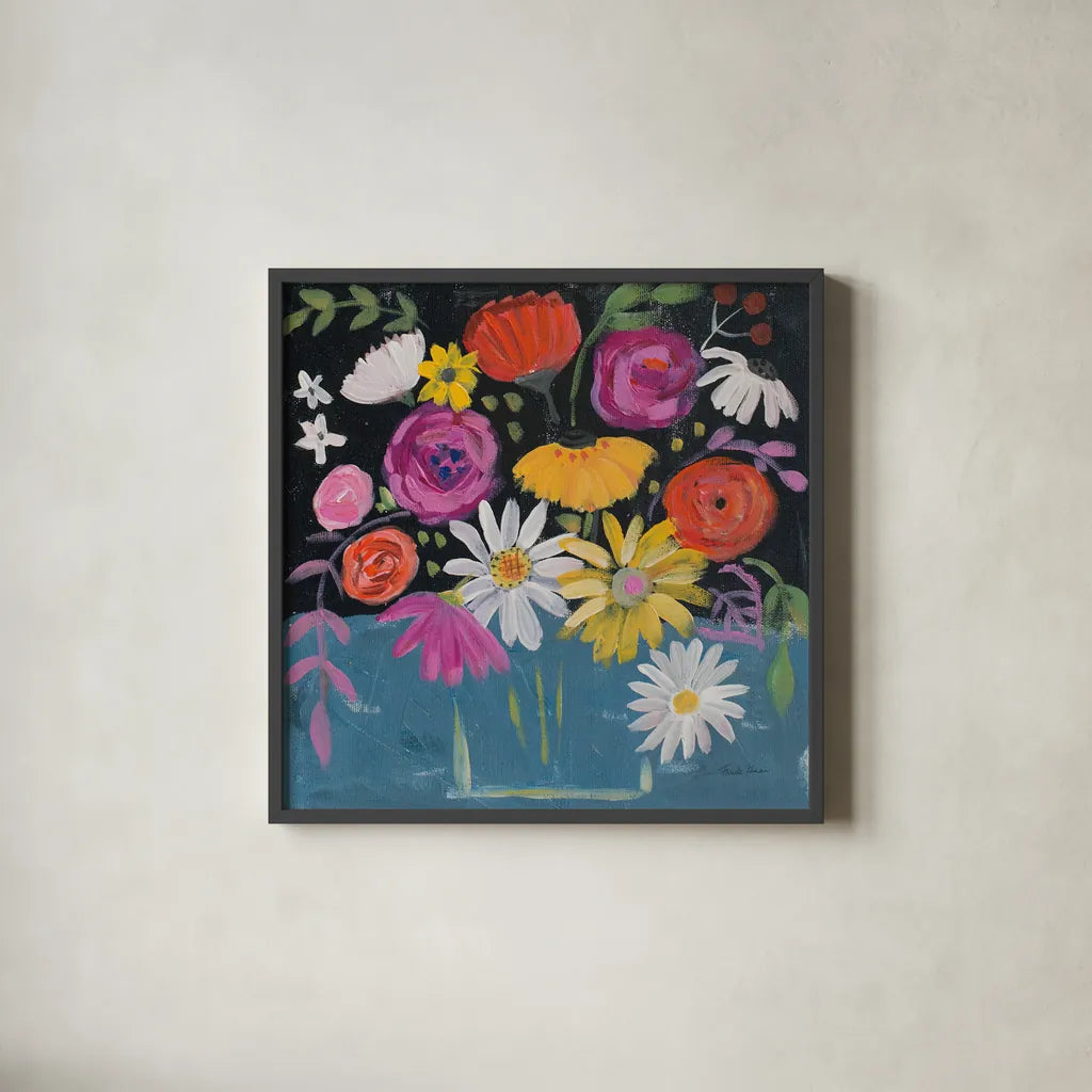 Folk Floral II by Farida Zaman. Shown in a sleek black glass frame for a contemporary gallery look. Available as an archival giclee rolled canvas, fine art paper, or poster print. SKU 38697a.