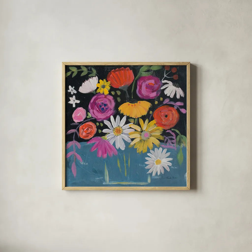 Folk Floral II by Farida Zaman. Shown in a natural wood glass frame for a timeless modern aesthetic. Available as an archival giclee rolled canvas, fine art paper, or poster print. SKU 38697a.