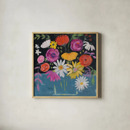 Folk Floral II by Farida Zaman. Shown in a natural wood glass frame for a timeless modern aesthetic. Available as an archival giclee rolled canvas, fine art paper, or poster print. SKU 38697a.
