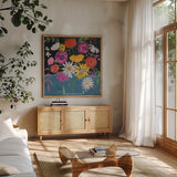 Folk Floral II by Farida Zaman. Shown in a natural wood frame in a cozy modern living room. Available as an archival giclee rolled canvas, fine art paper, or poster print. SKU 38697a.