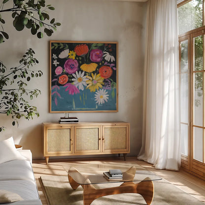 Folk Floral II by Farida Zaman. Shown in a natural wood frame in a cozy modern living room. Available as an archival giclee rolled canvas, fine art paper, or poster print. SKU 38697a.
