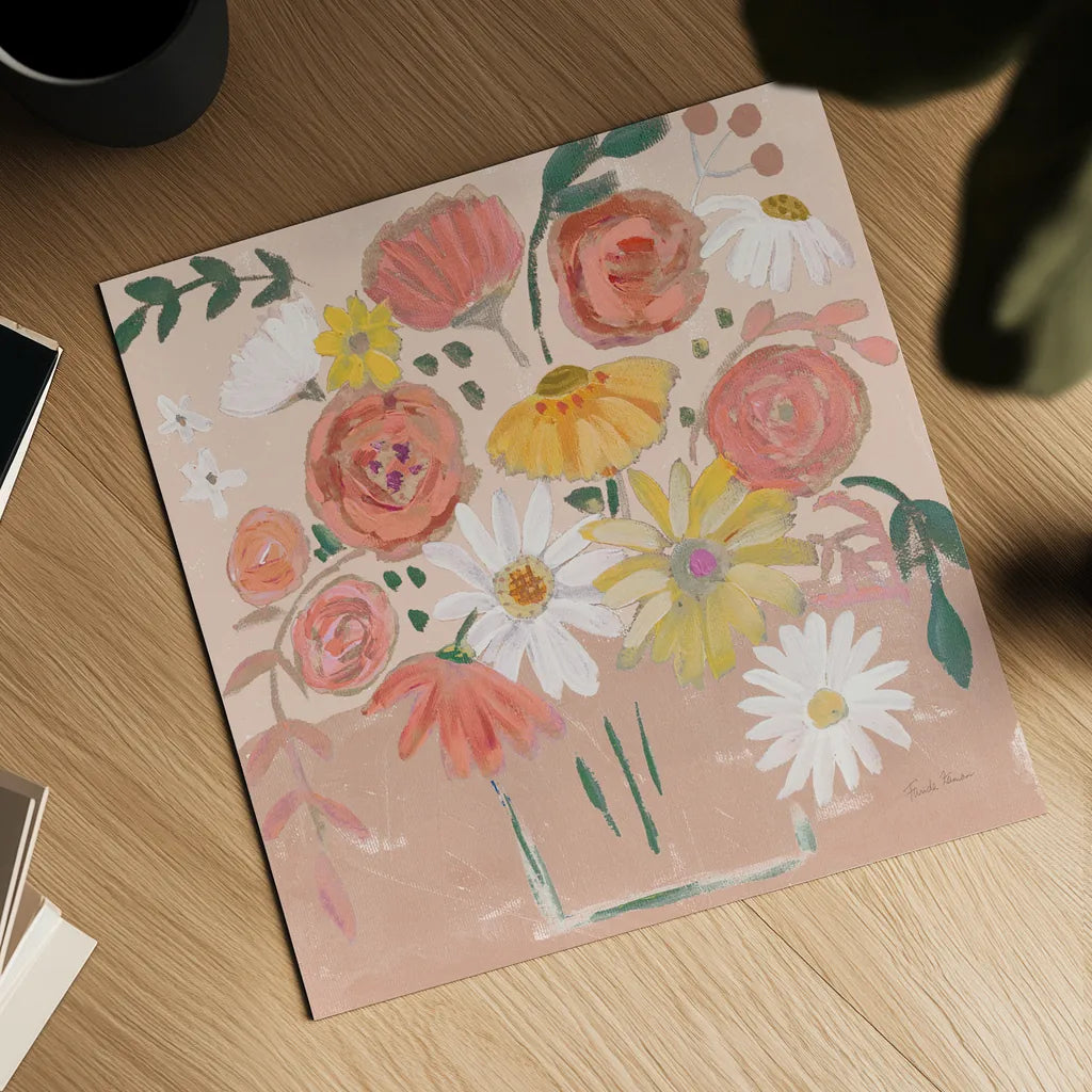 Folk Floral II Modern by Farida Zaman. Shown as a detailed flat fine art print, highlighting archival giclee quality. Available as an archival giclee rolled canvas, fine art paper, or poster print. SKU 53049a.