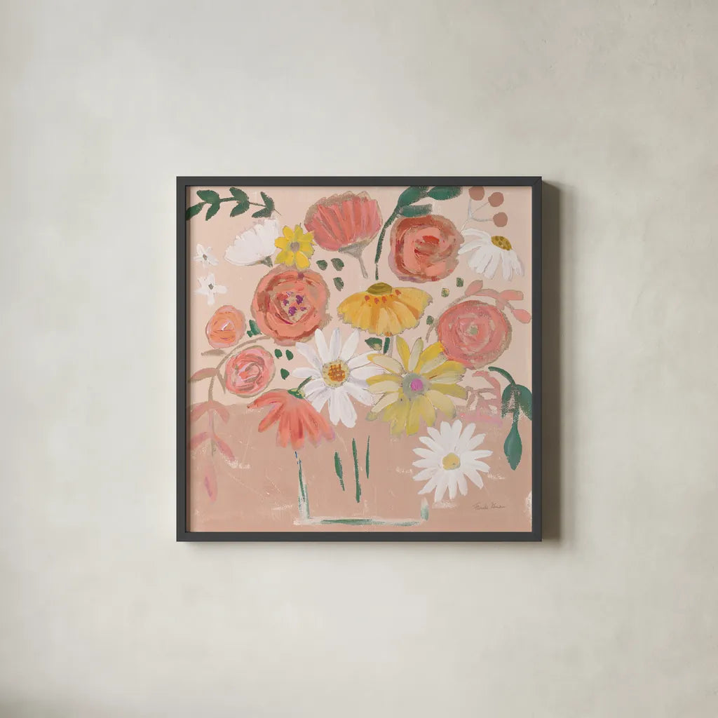 Folk Floral II Modern by Farida Zaman. Shown in a sleek black glass frame for a contemporary gallery look. Available as an archival giclee rolled canvas, fine art paper, or poster print. SKU 53049a.
