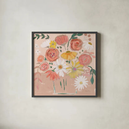 Folk Floral II Modern by Farida Zaman. Shown in a sleek black glass frame for a contemporary gallery look. Available as an archival giclee rolled canvas, fine art paper, or poster print. SKU 53049a.
