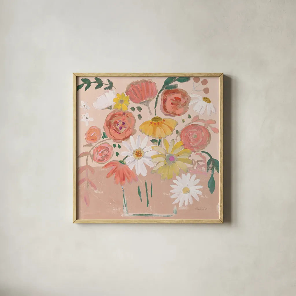 Folk Floral II Modern by Farida Zaman. Shown in a natural wood glass frame for a timeless modern aesthetic. Available as an archival giclee rolled canvas, fine art paper, or poster print. SKU 53049a.