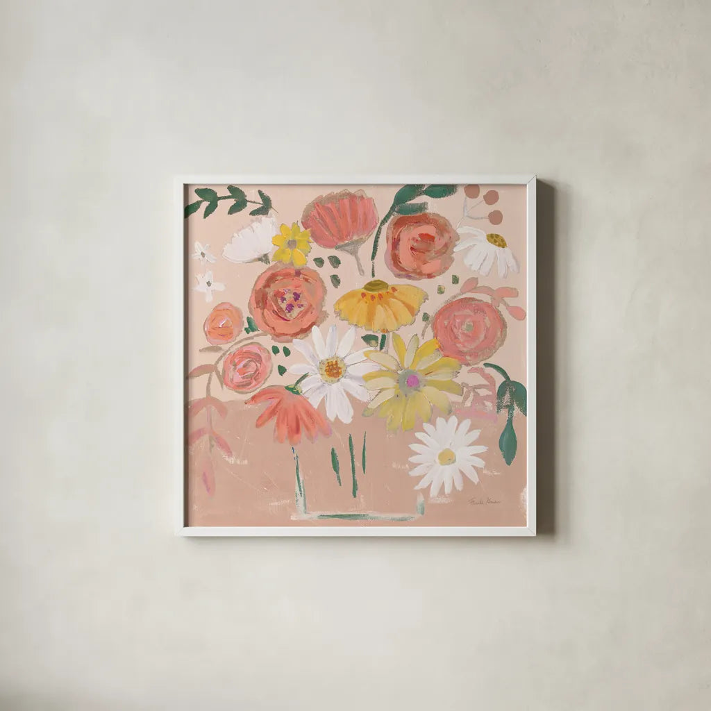 Folk Floral II Modern by Farida Zaman. Shown in a crisp white glass frame for a clean and minimalist style. Available as an archival giclee rolled canvas, fine art paper, or poster print. SKU 53049a.