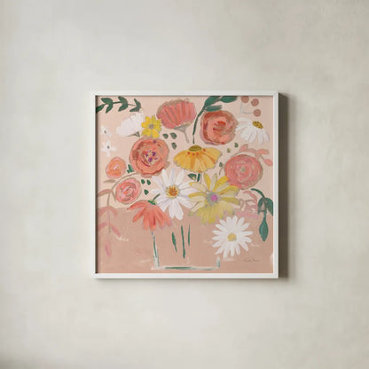 Folk Floral II Modern by Farida Zaman. Shown in a crisp white glass frame for a clean and minimalist style. Available as an archival giclee rolled canvas, fine art paper, or poster print. SKU 53049a.