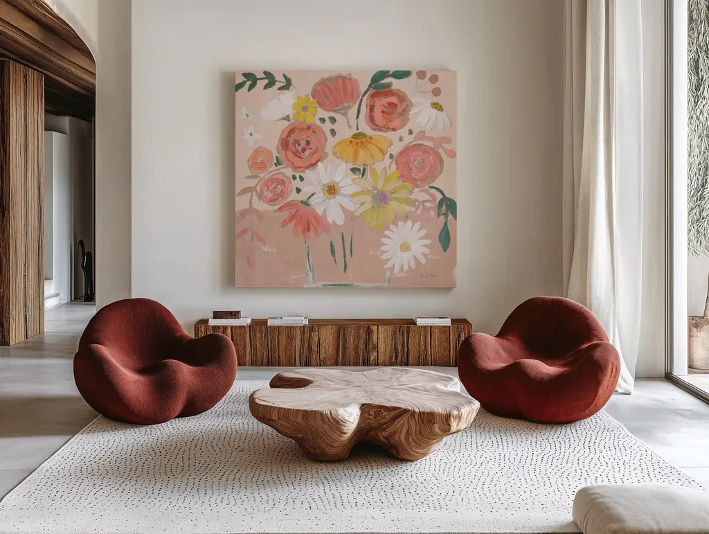 Folk Floral II Modern by Farida Zaman. Shown as extra-large giant wall art in a modern living room. Available as an archival giclee rolled canvas, fine art paper, or poster print. SKU 53049a.