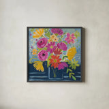 Folk Floral III by Farida Zaman. Shown in a sleek black glass frame for a contemporary gallery look. Available as an archival giclee rolled canvas, fine art paper, or poster print. SKU 38698a.