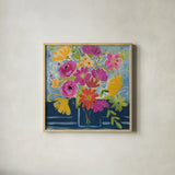 Folk Floral III by Farida Zaman. Shown in a natural wood glass frame for a timeless modern aesthetic. Available as an archival giclee rolled canvas, fine art paper, or poster print. SKU 38698a.