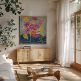 Folk Floral III by Farida Zaman. Shown in a natural wood frame in a cozy modern living room. Available as an archival giclee rolled canvas, fine art paper, or poster print. SKU 38698a.