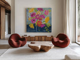 Folk Floral III by Farida Zaman. Shown as extra-large giant wall art in a modern living room. Available as an archival giclee rolled canvas, fine art paper, or poster print. SKU 38698a.