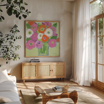 For Her by Farida Zaman. Shown in a natural wood frame in a cozy modern living room. Available as an archival giclee rolled canvas, fine art paper, or poster print. SKU 96319a.