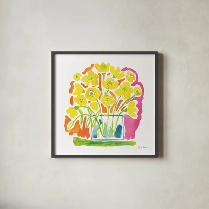 Fresh Bouquet by Farida Zaman. Shown in a sleek black glass frame for a contemporary gallery look. Available as an archival giclee rolled canvas, fine art paper, or poster print. SKU 73937a.