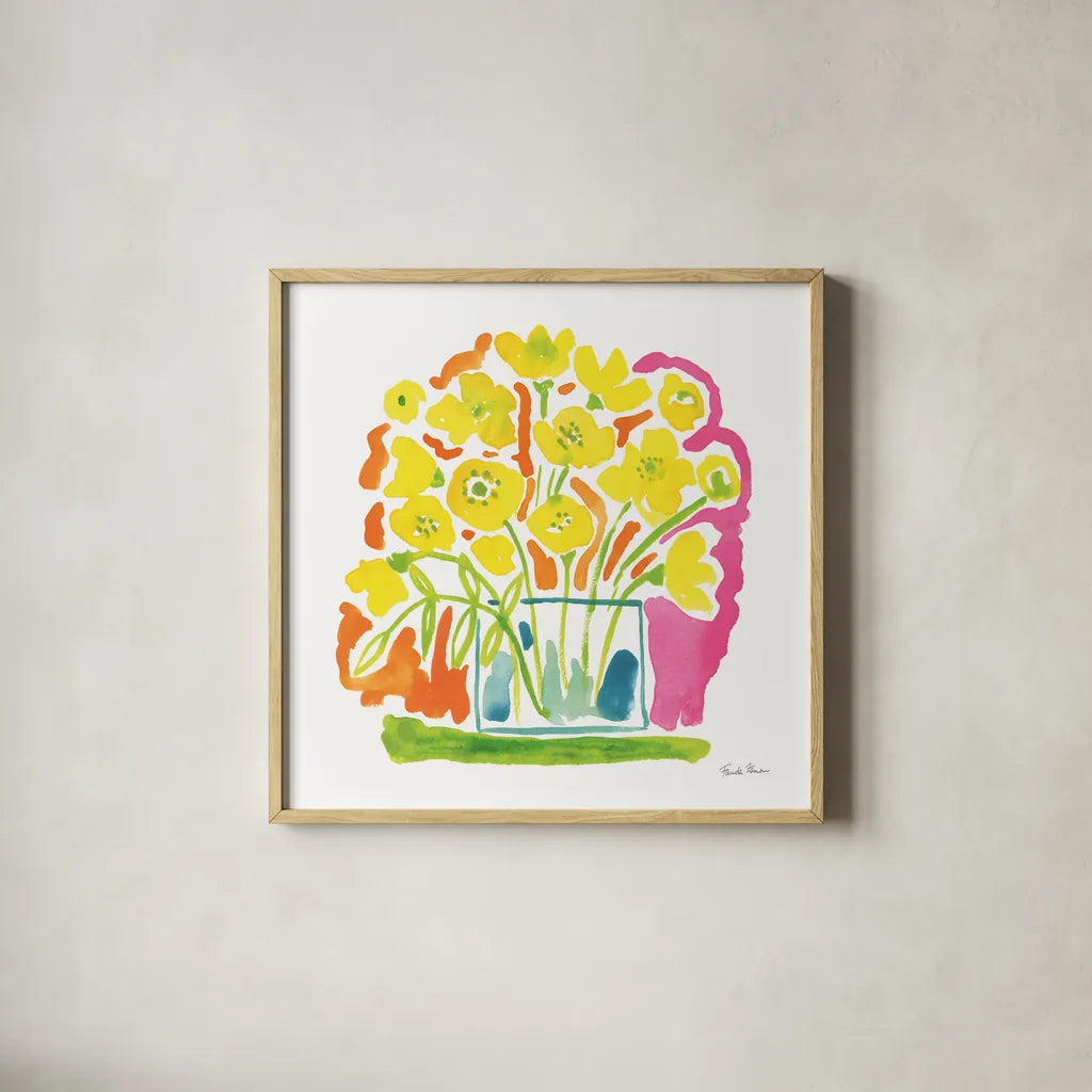 Fresh Bouquet by Farida Zaman. Shown in a natural wood glass frame for a timeless modern aesthetic. Available as an archival giclee rolled canvas, fine art paper, or poster print. SKU 73937a.