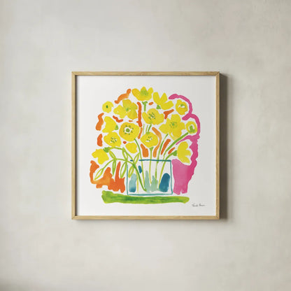 Fresh Bouquet by Farida Zaman. Shown in a natural wood glass frame for a timeless modern aesthetic. Available as an archival giclee rolled canvas, fine art paper, or poster print. SKU 73937a.
