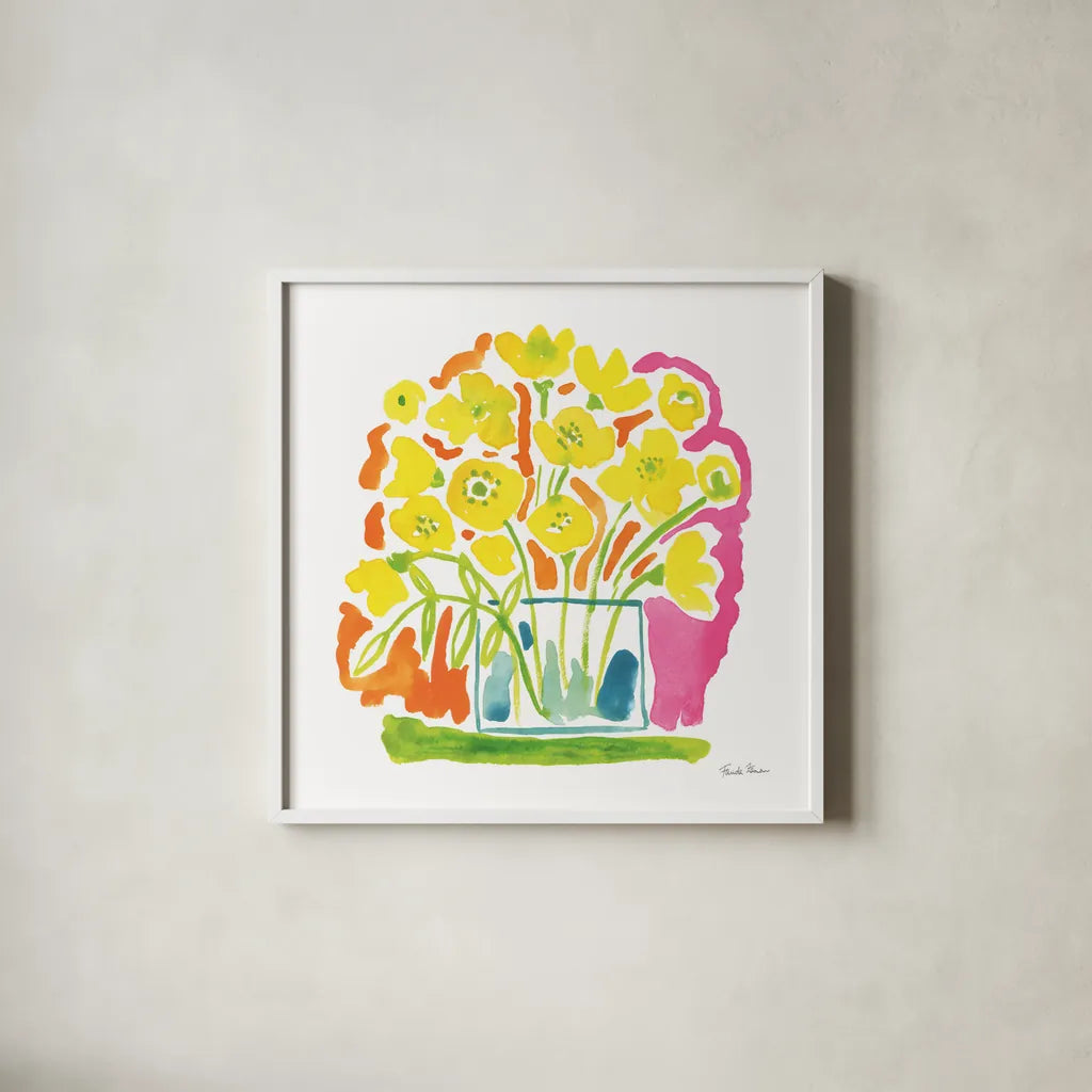 Fresh Bouquet by Farida Zaman. Shown in a crisp white glass frame for a clean and minimalist style. Available as an archival giclee rolled canvas, fine art paper, or poster print. SKU 73937a.