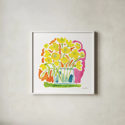 Fresh Bouquet by Farida Zaman. Shown in a crisp white glass frame for a clean and minimalist style. Available as an archival giclee rolled canvas, fine art paper, or poster print. SKU 73937a.