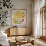 Fresh Bouquet by Farida Zaman. Shown in a natural wood frame in a cozy modern living room. Available as an archival giclee rolled canvas, fine art paper, or poster print. SKU 73937a.