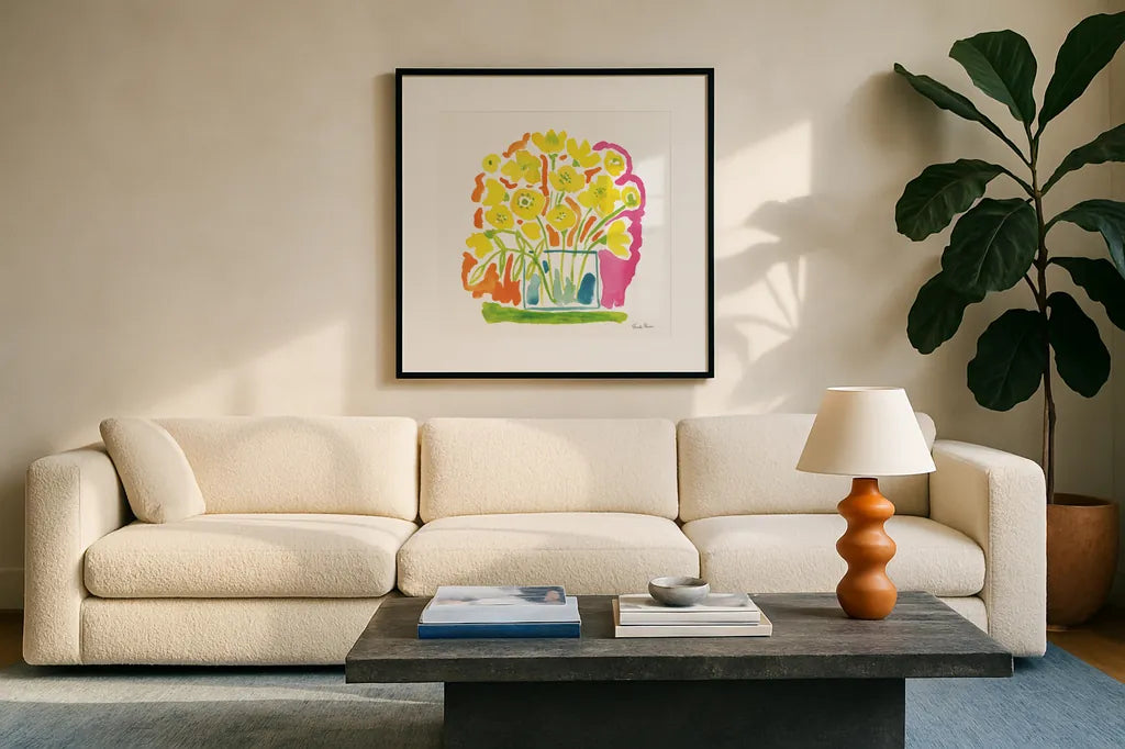 Fresh Bouquet by Farida Zaman. Displayed in a glass frame with matte in a clean modern living room. Available as an archival giclee rolled canvas, fine art paper, or poster print. SKU 73937a.