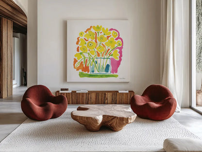 Fresh Bouquet by Farida Zaman. Shown as extra-large giant wall art in a modern living room. Available as an archival giclee rolled canvas, fine art paper, or poster print. SKU 73937a.