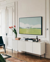 Fresh and Green by Farida Zaman. shown as a framed stretched canvas in a living room above a console. Available as a archival giclee rolled canvas, fine art paper, or poster print. SKU 56267i.