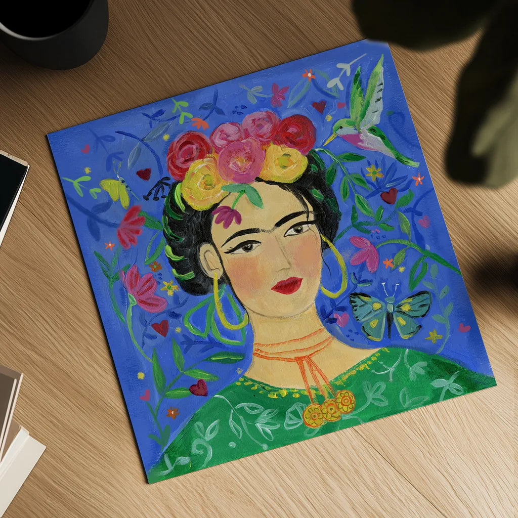 Frida Blue by Farida Zaman. Shown as a detailed flat fine art print, highlighting archival giclee quality. Available as an archival giclee rolled canvas, fine art paper, or poster print. SKU 68892a.