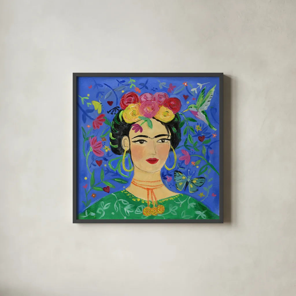 Frida Blue by Farida Zaman. Shown in a sleek black glass frame for a contemporary gallery look. Available as an archival giclee rolled canvas, fine art paper, or poster print. SKU 68892a.