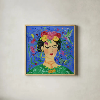 Frida Blue by Farida Zaman. Shown in a natural wood glass frame for a timeless modern aesthetic. Available as an archival giclee rolled canvas, fine art paper, or poster print. SKU 68892a.
