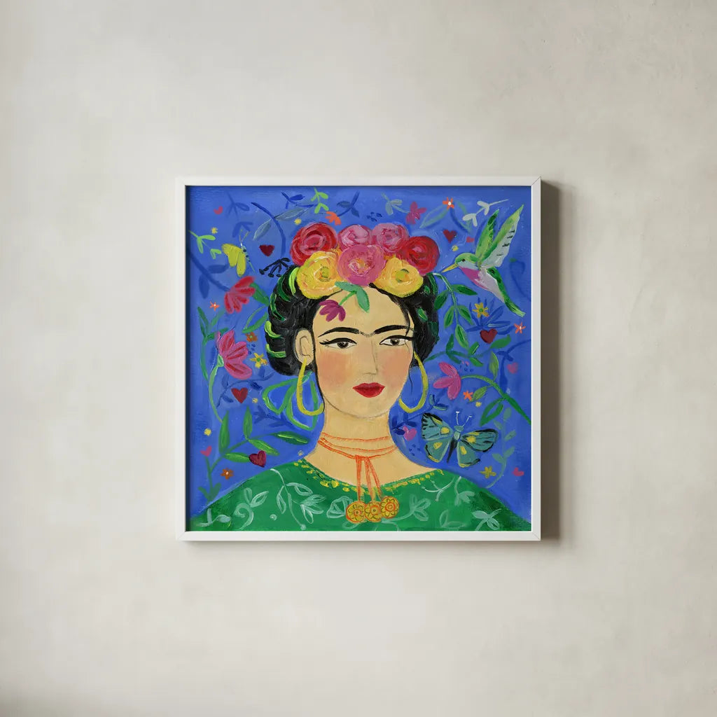 Frida Blue by Farida Zaman. Shown in a crisp white glass frame for a clean and minimalist style. Available as an archival giclee rolled canvas, fine art paper, or poster print. SKU 68892a.