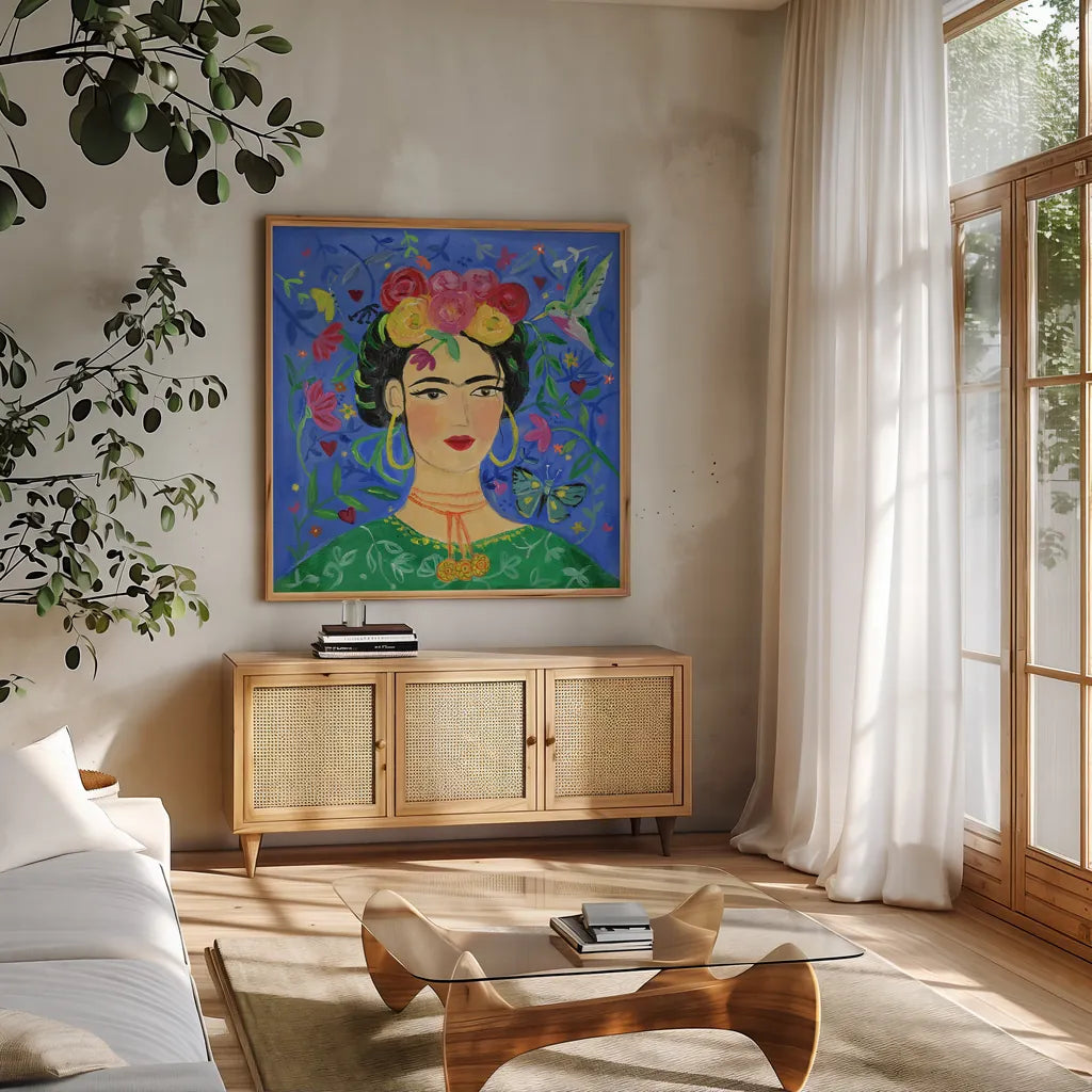 Frida Blue by Farida Zaman. Shown in a natural wood frame in a cozy modern living room. Available as an archival giclee rolled canvas, fine art paper, or poster print. SKU 68892a.