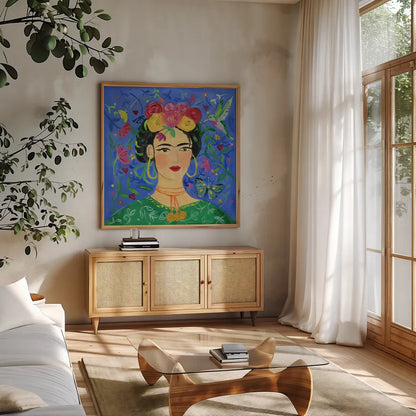 Frida Blue by Farida Zaman. Shown in a natural wood frame in a cozy modern living room. Available as an archival giclee rolled canvas, fine art paper, or poster print. SKU 68892a.
