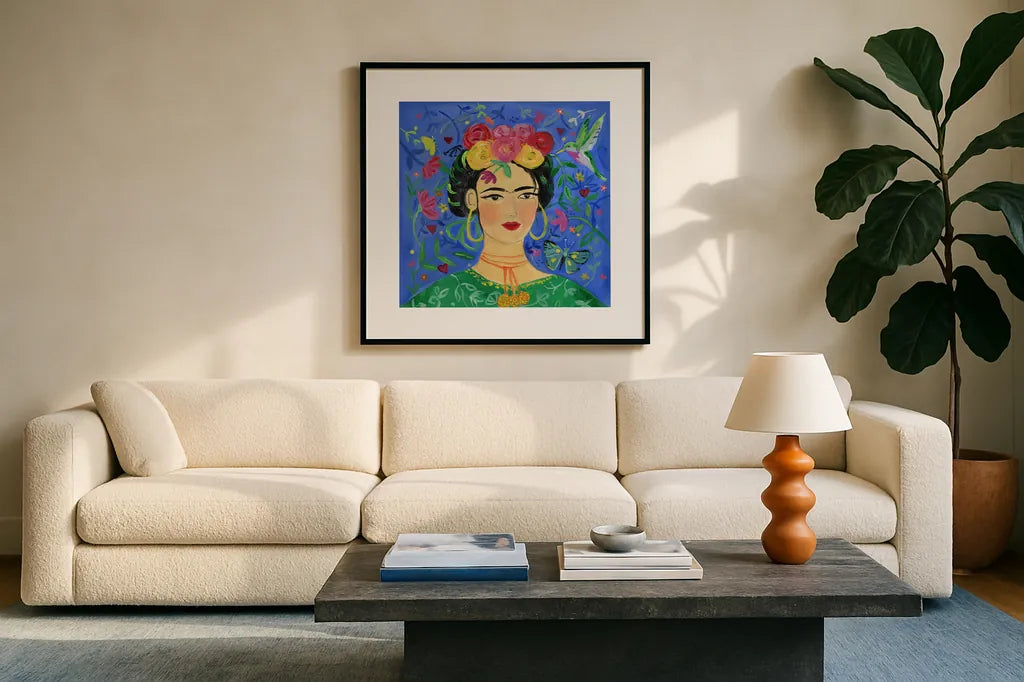 Frida Blue by Farida Zaman. Displayed in a glass frame with matte in a clean modern living room. Available as an archival giclee rolled canvas, fine art paper, or poster print. SKU 68892a.
