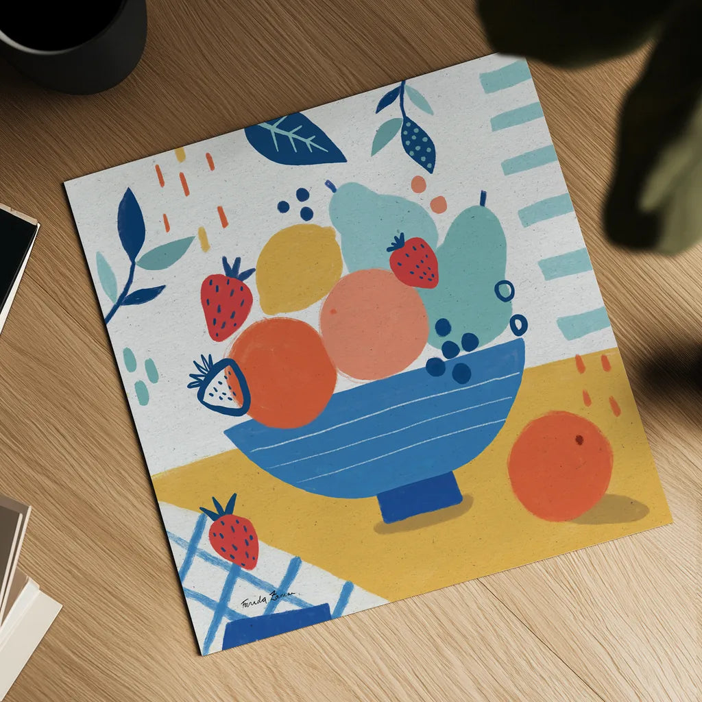 Fruit Still Life I by Farida Zaman. Shown as a detailed flat fine art print, highlighting archival giclee quality. Available as an archival giclee rolled canvas, fine art paper, or poster print. SKU 77488a.