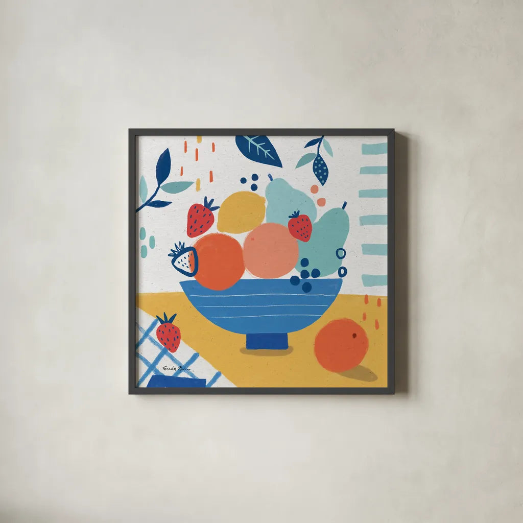Fruit Still Life I by Farida Zaman. Shown in a sleek black glass frame for a contemporary gallery look. Available as an archival giclee rolled canvas, fine art paper, or poster print. SKU 77488a.