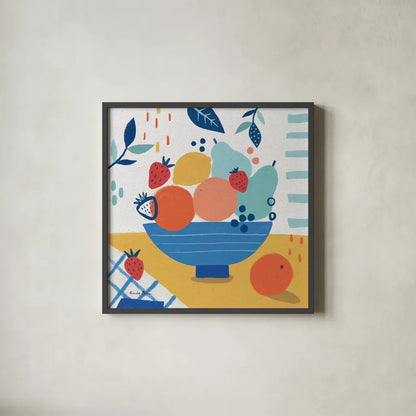 Fruit Still Life I by Farida Zaman. Shown in a sleek black glass frame for a contemporary gallery look. Available as an archival giclee rolled canvas, fine art paper, or poster print. SKU 77488a.